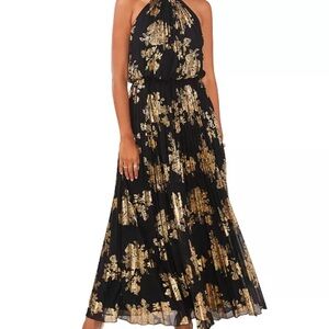 Cache Elegant Blue and Gold Print Gown Floral Dress Size: 6